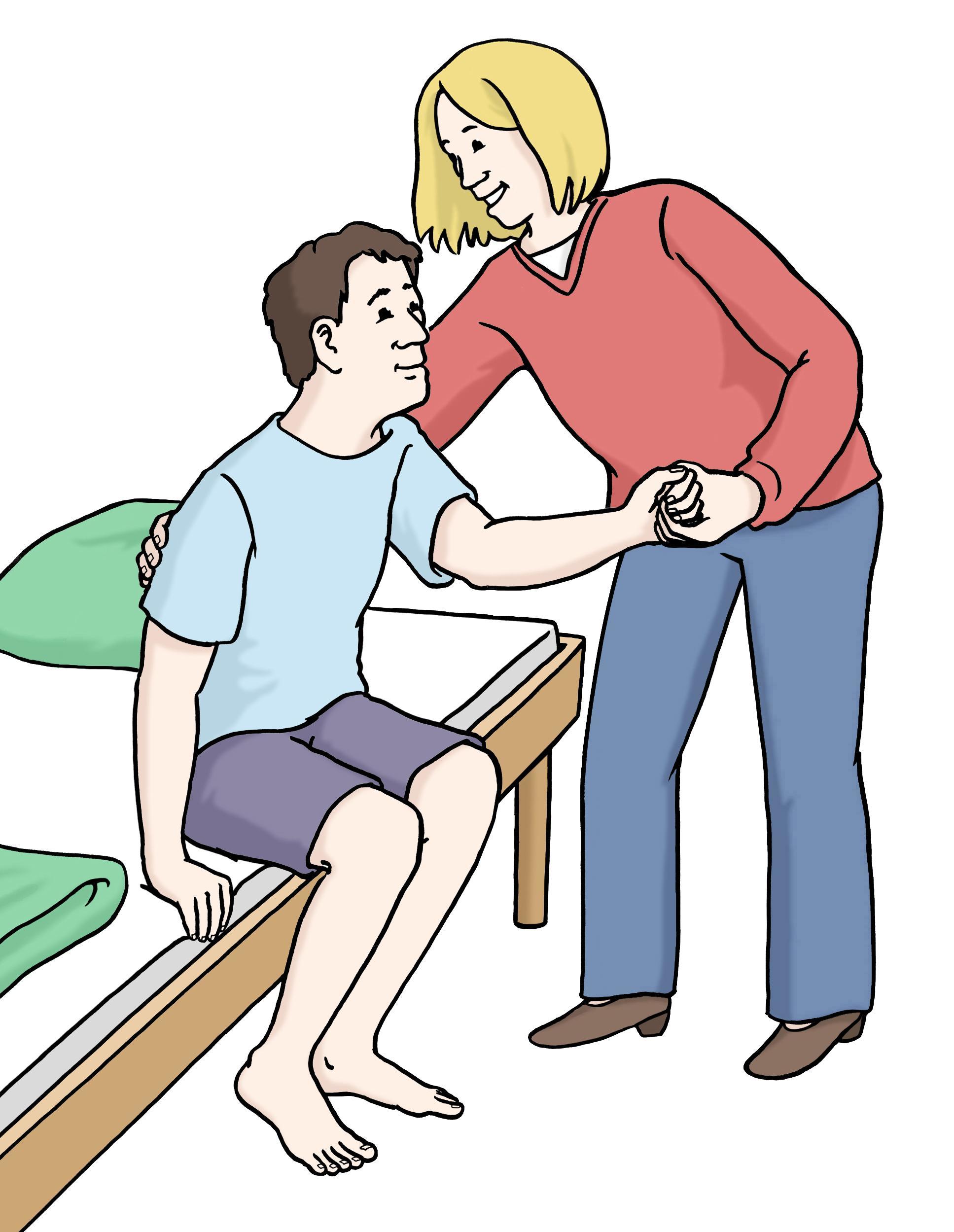 Eine Frau mit rotem Pullover hilft einem Mann mit blauem T-Shirt, von einem Bett aufzustehen (Illustration)