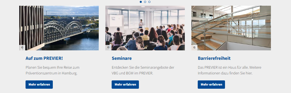 Neuigkeiten auf der Startseite der PREVIER-Website: Auf zum PREVIER!, Seminare, Barrierefreiheit.