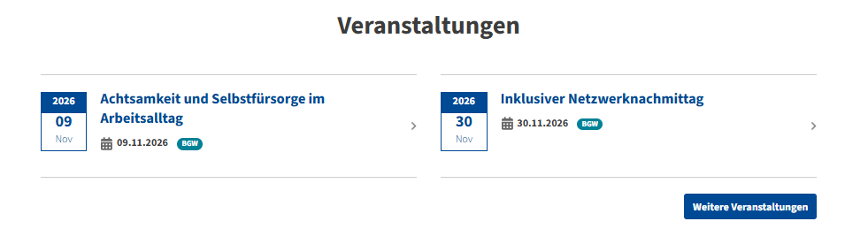 Veranstaltungsübersicht auf der Startseite des PREVIER. Zwei Veranstaltungen stehen neben einander. Darunter der Button zu "Weitere Veranstaltungen".